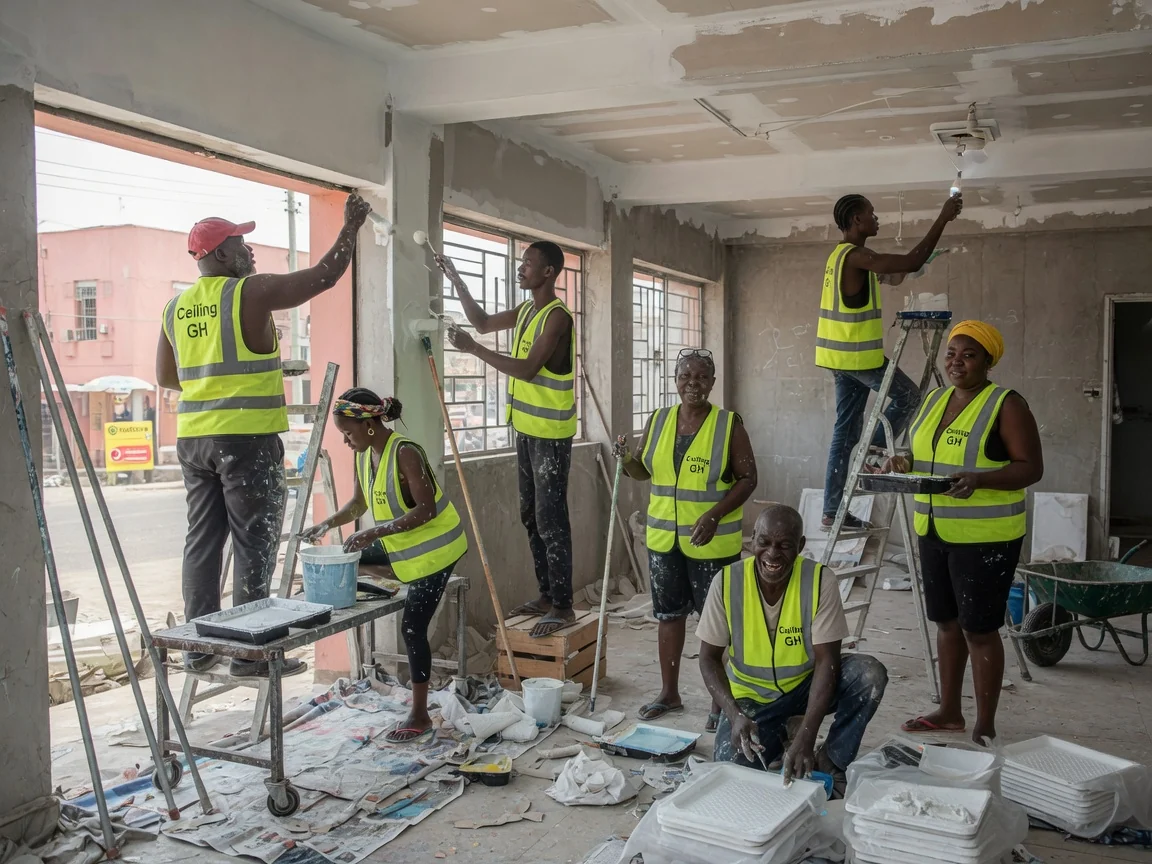 Multi-property ceiling program rollout across sites in Accra — shot: developer phase rollout showing the same POP ceiling spec across multiple matching rooms  ceilinggh, Accra Ghana